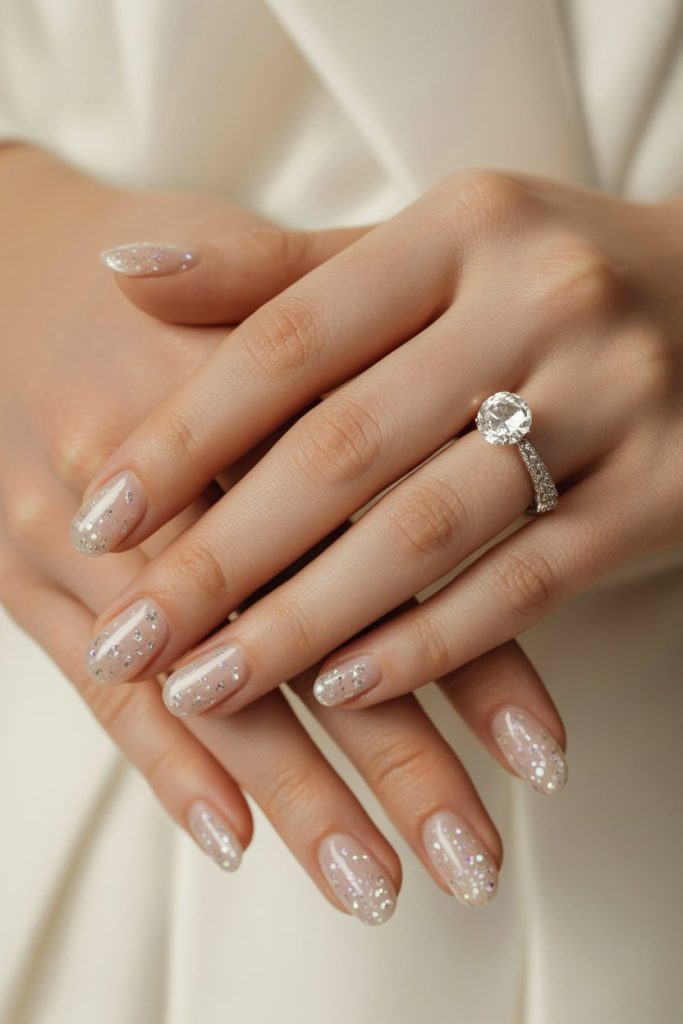 Sheer Nude Holographic Glitter Oval Nails — Bridesmaid Nails