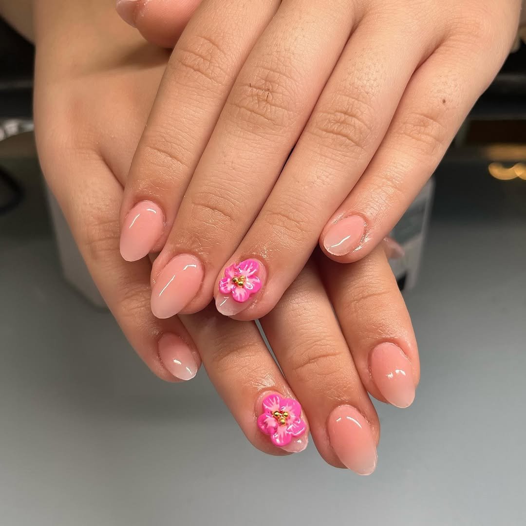 3D Pink Floral Charms — Short Acrylic Nails