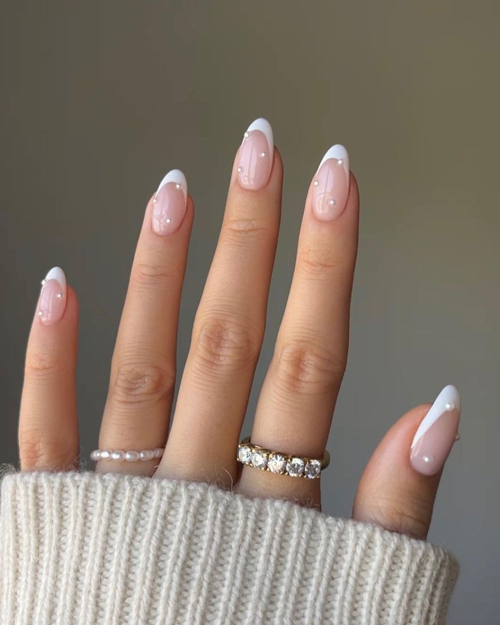 Short Almond French with Pearl Accents — Wedding Nails
