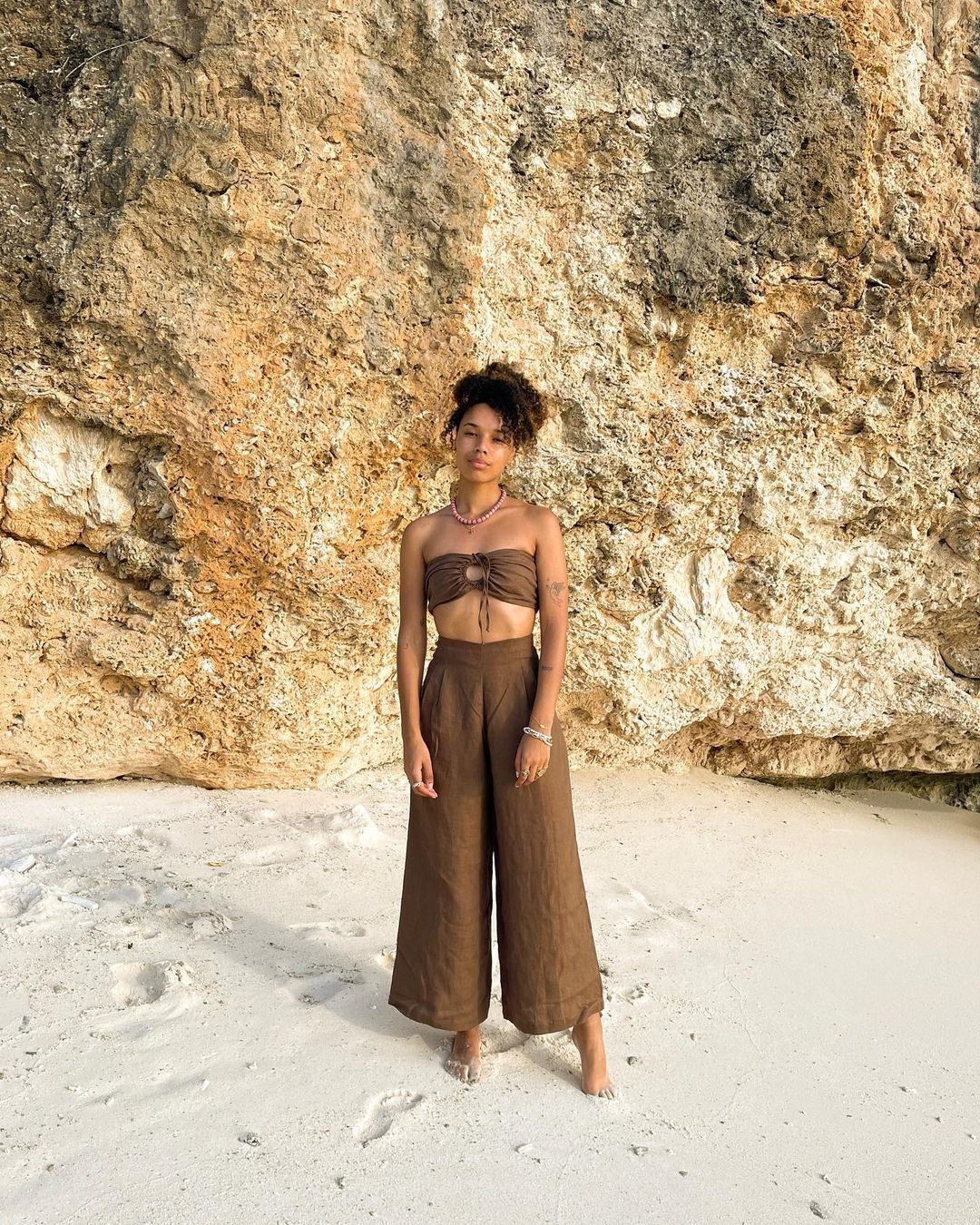 Linen Bandeau and Wide-Leg Pants for Beachside Relaxation — Beach Outfits