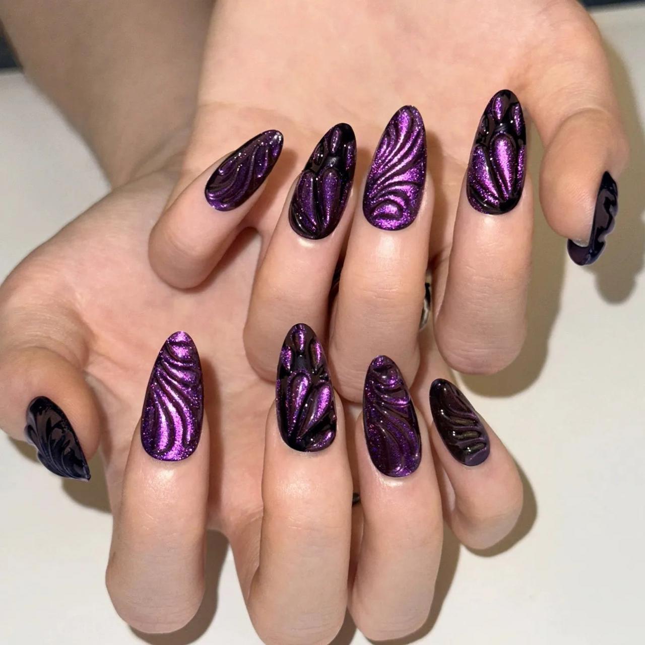 Metallic Purple Swirl Almond Art Metallic Purple Swirl Almond Art — Dark Purple Nails