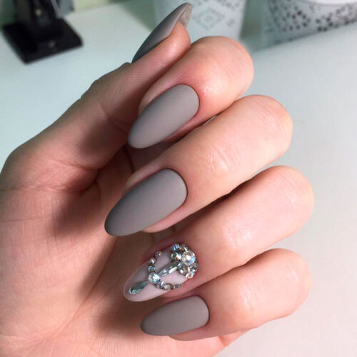 Matte Taupe Gray Stiletto with Rhinestone Accent Matte Taupe Gray Stiletto with Rhinestone Accent — Gray Nails