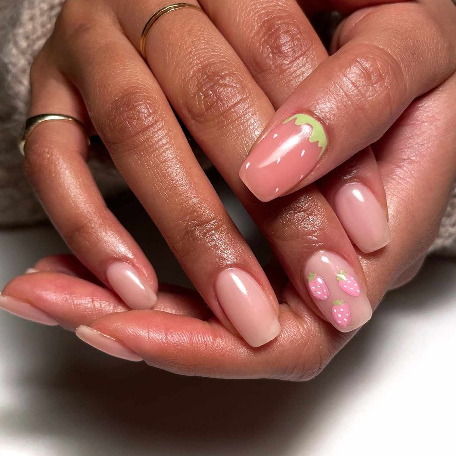 Subtle Strawberry Decal Medium Square Nails — Strawberry Nails