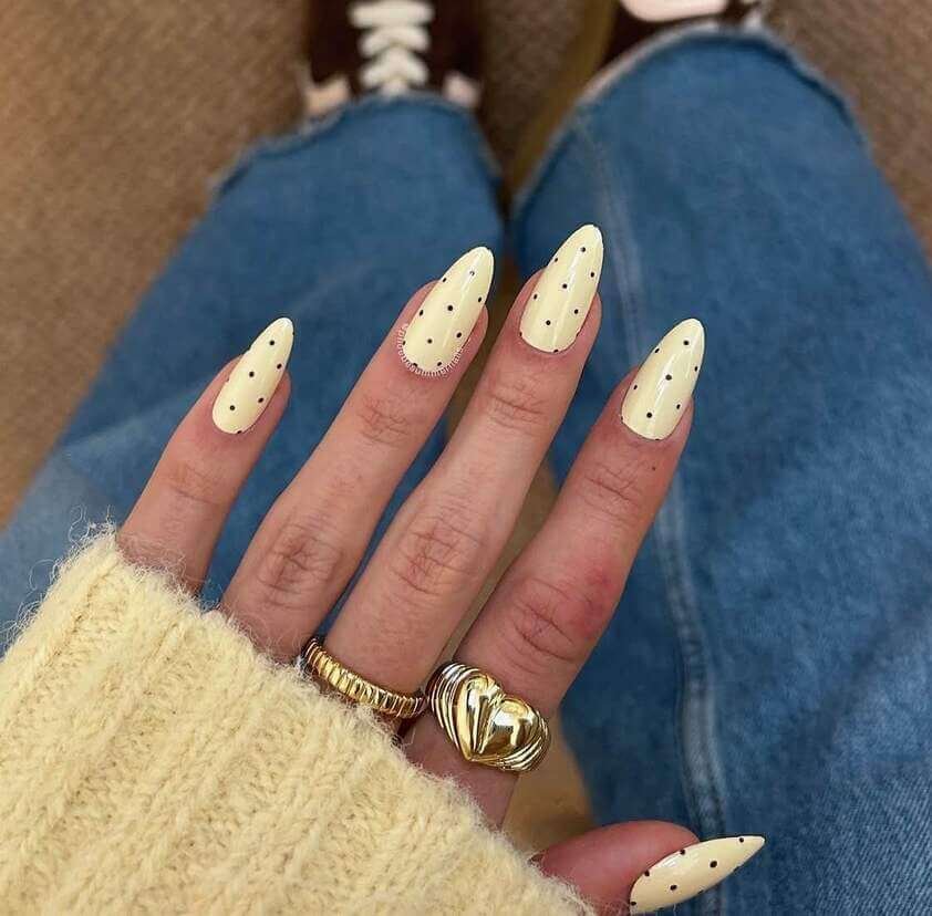 Soft Yellow with Black Polka Dots Soft Yellow with Black Polka Dots — Easy Nail Designs