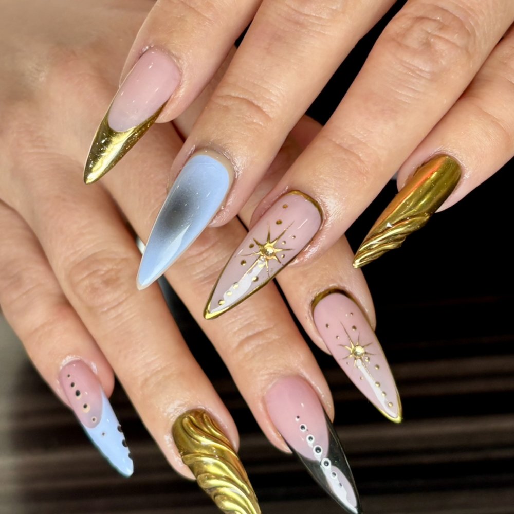 Metallic Chrome Celestial Stilettos — Gel X Nails