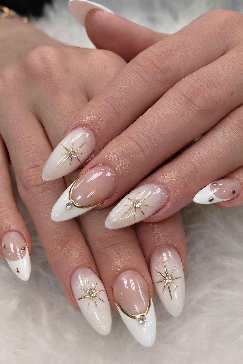 Long Almond French Tips with Gold Accents Long Almond French Tips with Gold Accents — White Nails