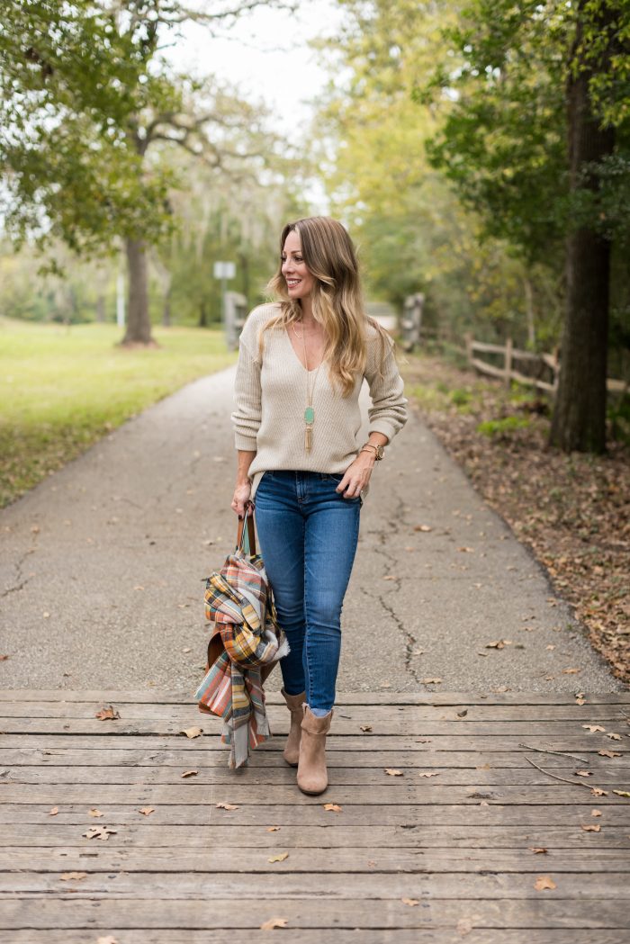 Beige Knit Sweater with Jeans and Plaid Scarf — Comfy Outfits