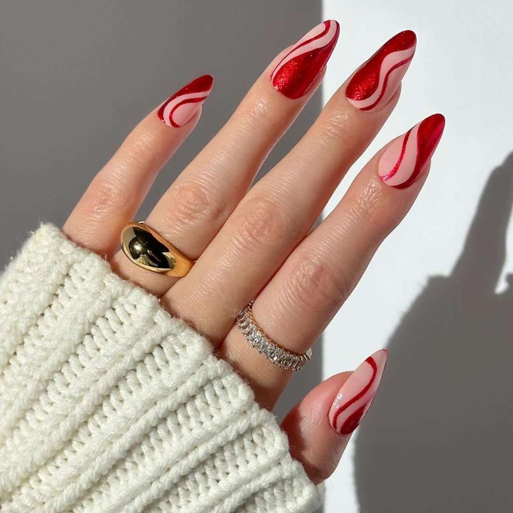 Red Glitter Swirl Stilettos — Builder Gel Nails