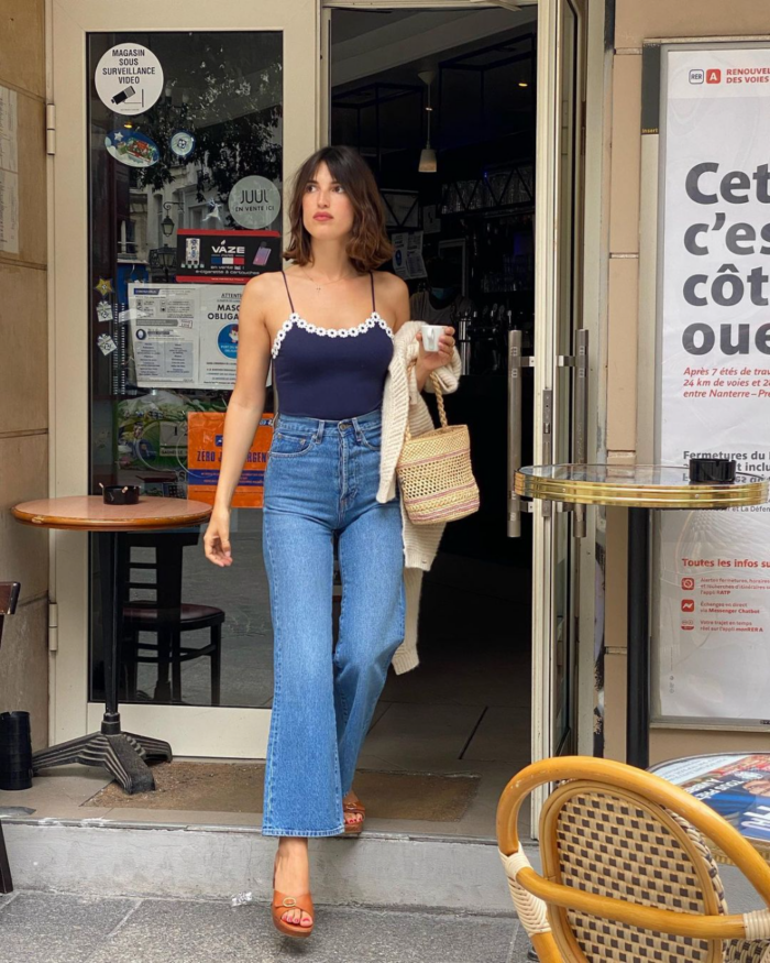 Effortless Daytime Charm: Flare Jeans with Camisole and Cardigan — French Girl Outfits