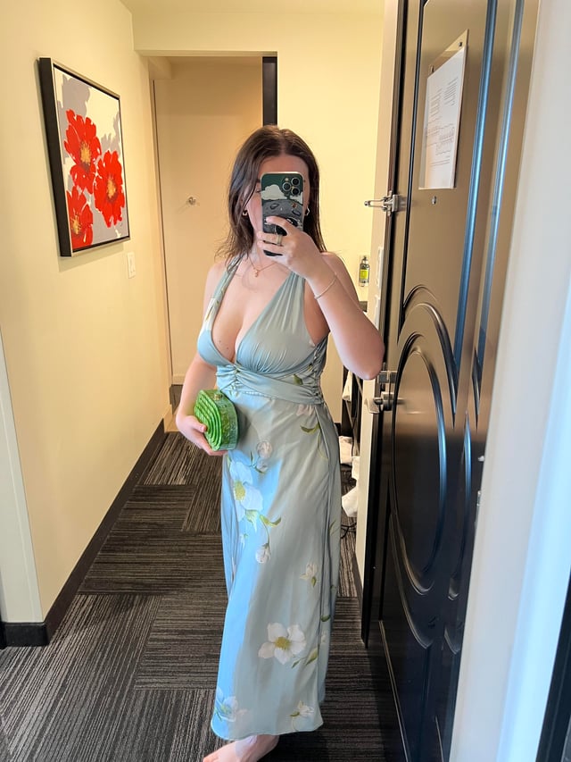 Light Blue Floral Print Satin Wrap Maxi Dress — Rehearsal Dinner Outfits