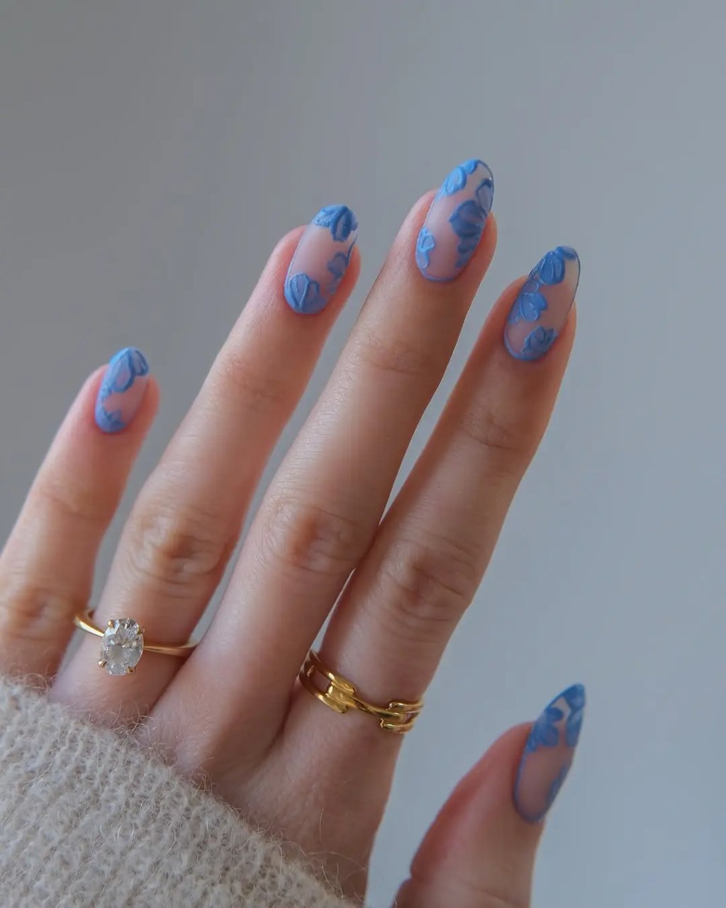 Sheer Nude with Delicate Blue Floral Art — Blue Nails