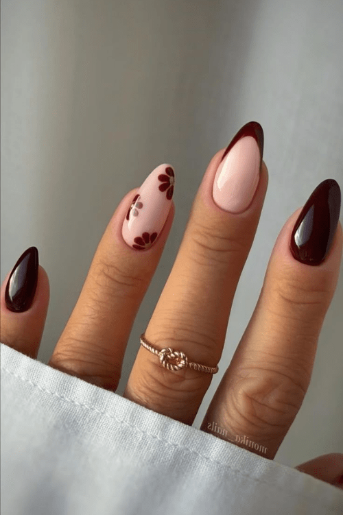Burgundy French Tip Floral Accent Almond Nails — Aesthetic Nails