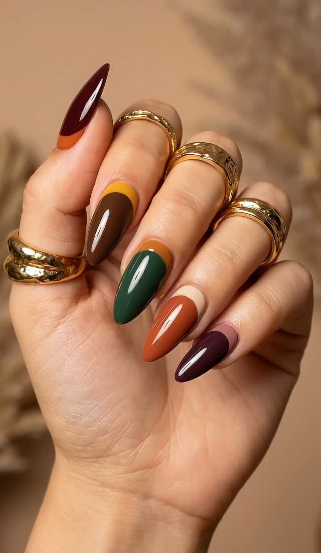 Autumnal Color Block Long Almond — Reverse French Nails