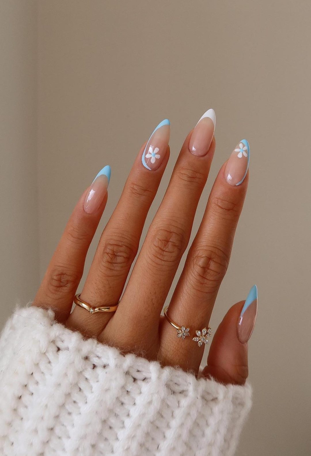 Long Almond French Tips with Florals Long Almond French Tips with Florals — Light Blue Nails