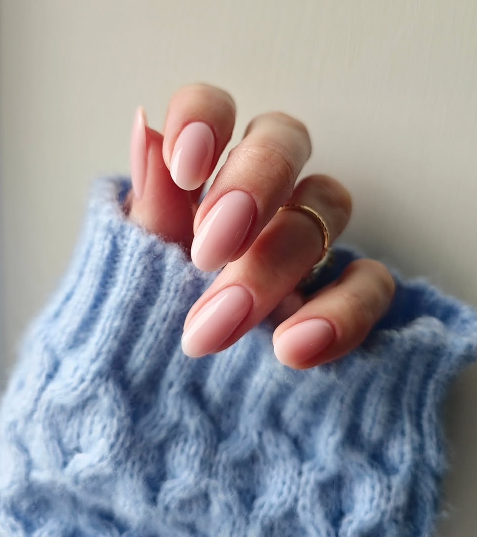 Glossy Subtle Sheer Pink Short Oval Nails — Bubble Bath Nails