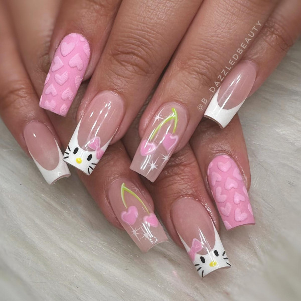 Textured Hello Kitty French Coffin — Hello Kitty Nails