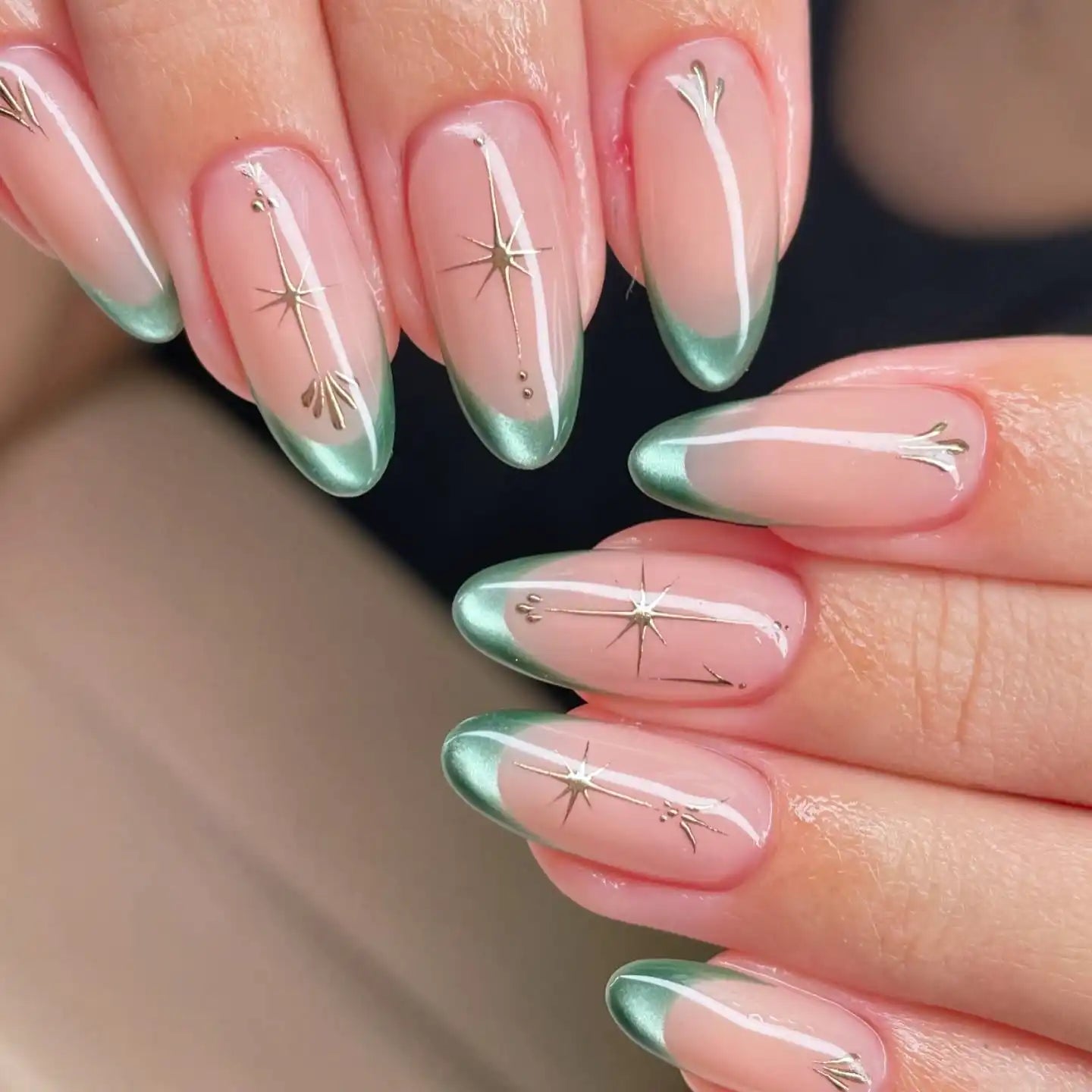 Metallic Green French Tip Almonds Metallic Green French Tip Almonds — Cat Eye Nails