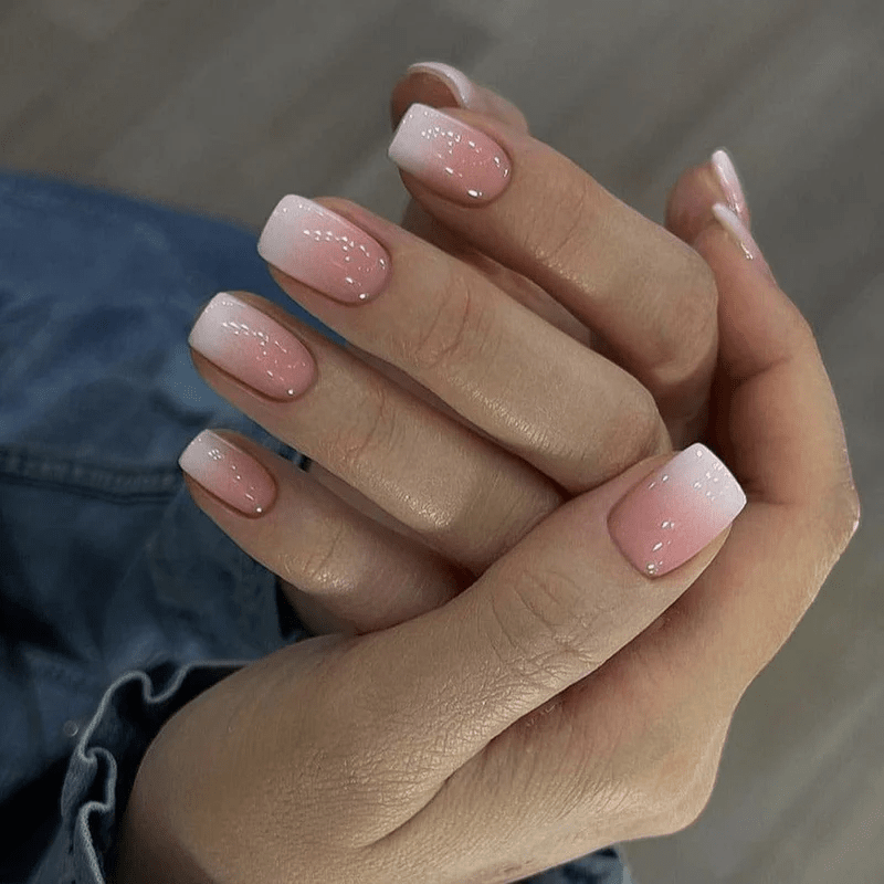 Short Squoval Pink to White Ombre — Pink and White Nails