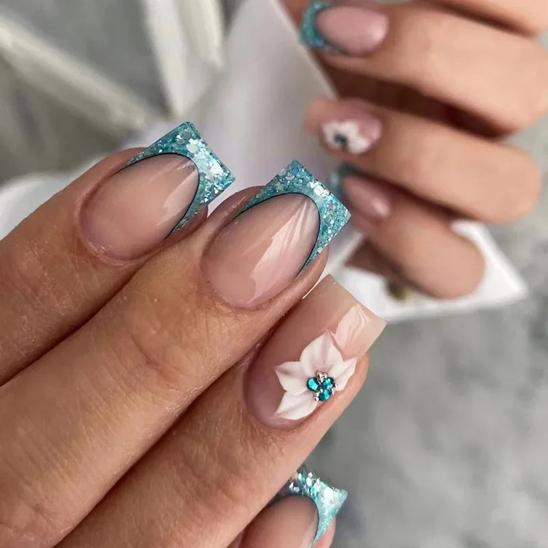 Blue Glitter French Square Nails with Floral Accent — Blue French Tip Nails