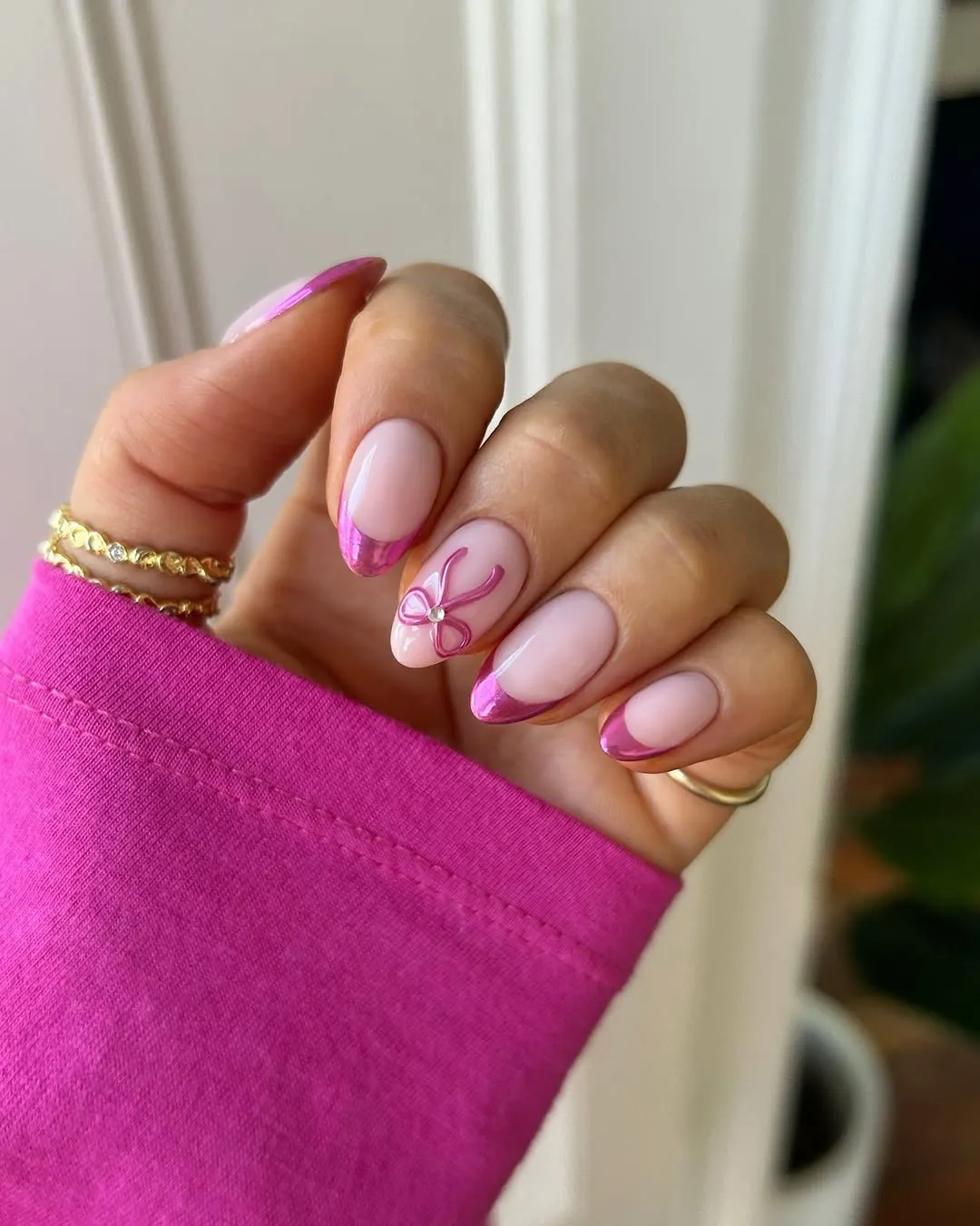 Metallic Pink French With Bow Accent — Wedding Guest Nails