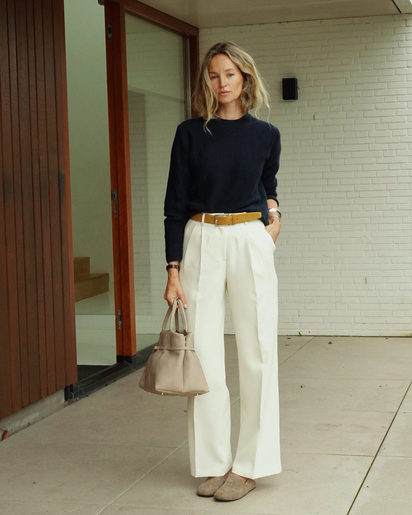 Sophisticated Comfort: Navy Sweater and Cream Trousers Sophisticated Comfort: Navy Sweater and Cream Trousers — Country Club Outfits