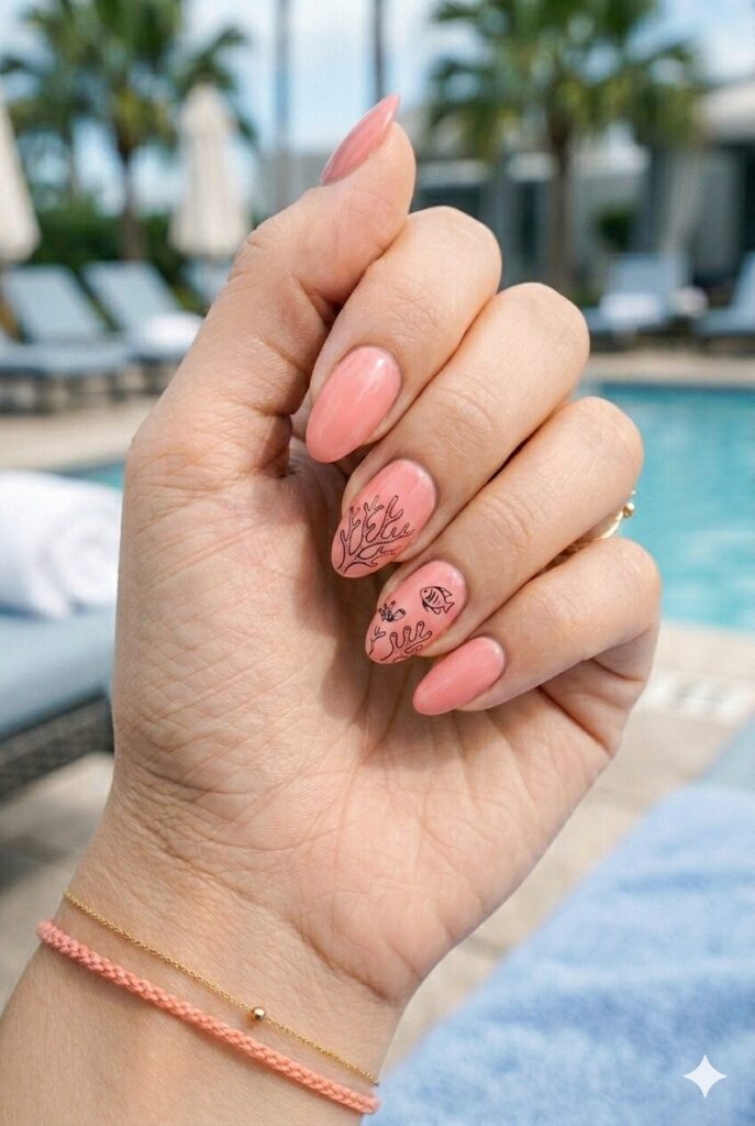 Peachy Pink Nails With Underwater Art Peachy Pink Nails With Underwater Art — Almond Nails