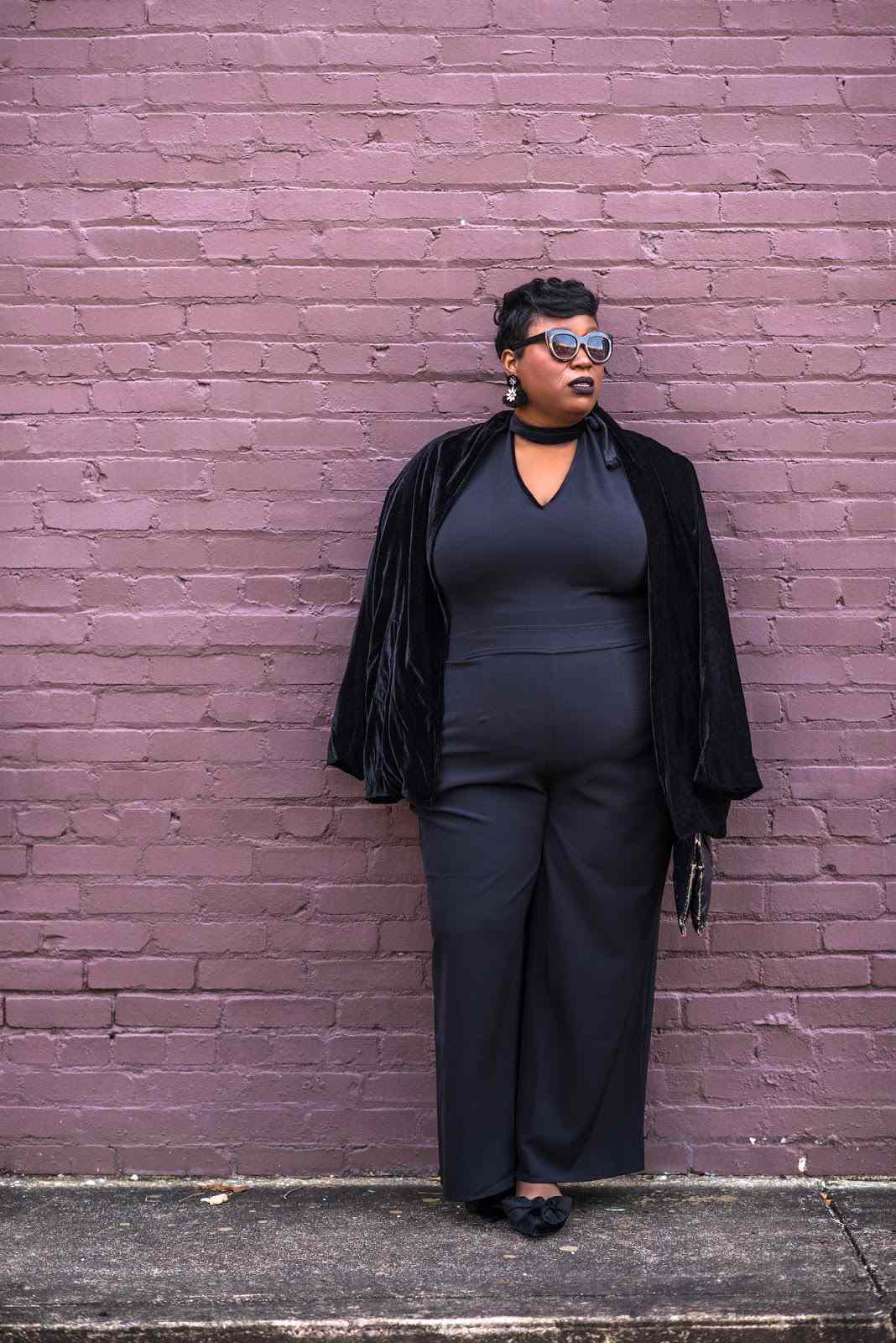 Elegant Black Jumpsuit with a Velvet Shawl Elegant Black Jumpsuit with a Velvet Shawl — Plus Size Outfits