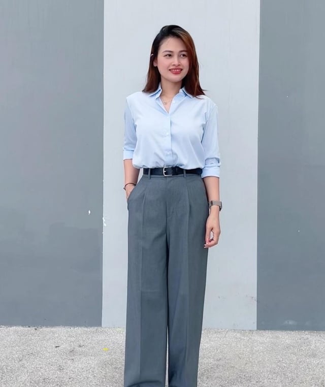 Light Blue Shirt with Grey Wide-Leg Trousers and Black Loafers — Interview Outfits