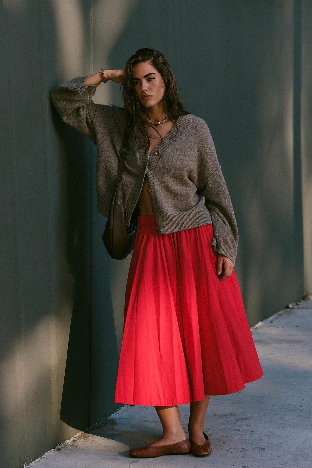 Bold Contrast: Bright Red Skirt with Grey Cardigan Bold Contrast: Bright Red Skirt with Grey Cardigan — Classy Outfits