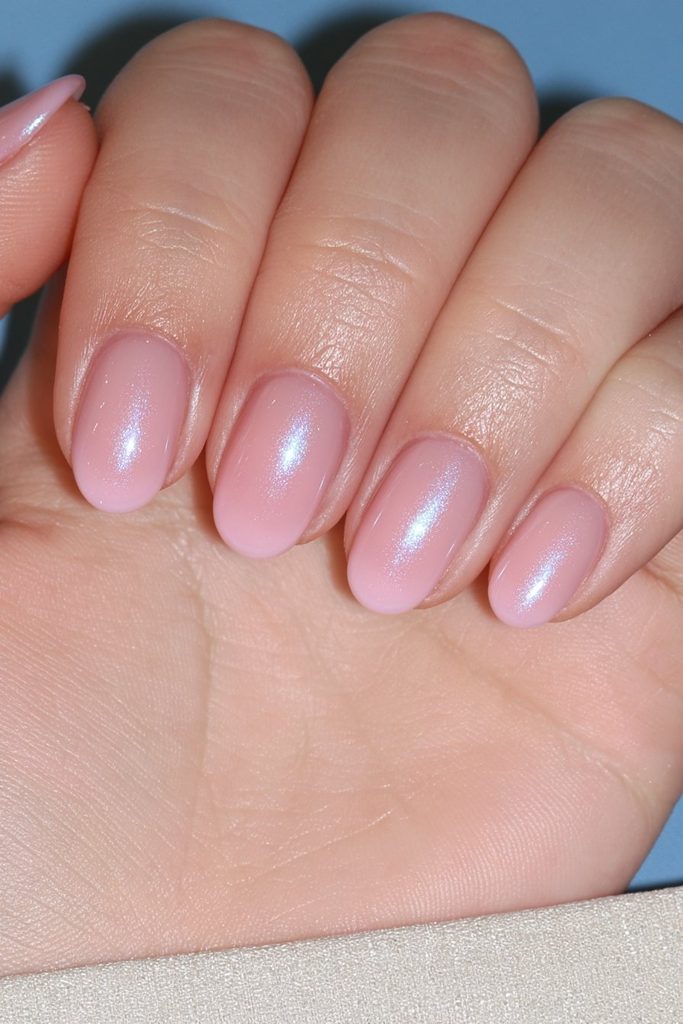 Pale Beige Iridescent Chrome Almonds Pale Beige Iridescent Chrome Almonds — Glazed Donut Nails