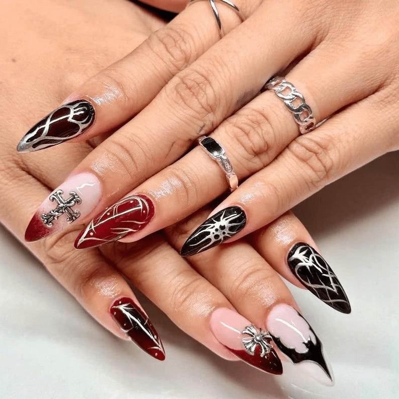 Nude Red Gradient With Black French Tips Nude Red Gradient With Black French Tips — Goth Nails