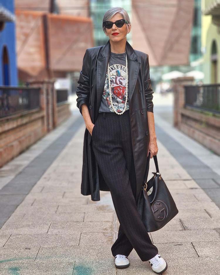 Leather Trench Coat with Graphic Tee and Pinstripes Leather Trench Coat with Graphic Tee and Pinstripes — Rock and Roll Outfits