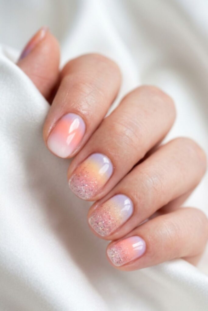 Shimmering Peach Lavender White Gradient — Classy Short Nails