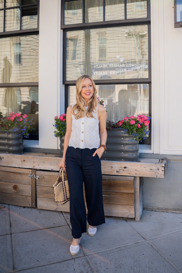 White Eyelet Top with Navy Wide-Leg Pants for a Casual Dinner White Eyelet Top with Navy Wide-Leg Pants for a Casual Dinner — Dinner Outfits
