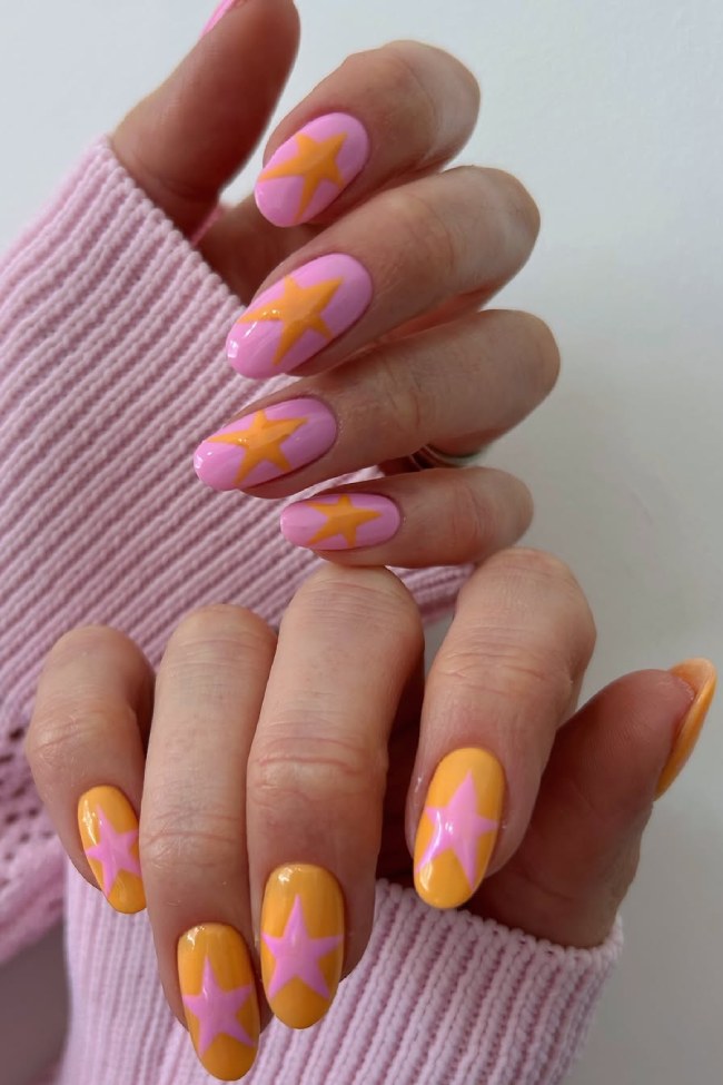 Retro Pink Orange Star Nails Retro Pink Orange Star Nails