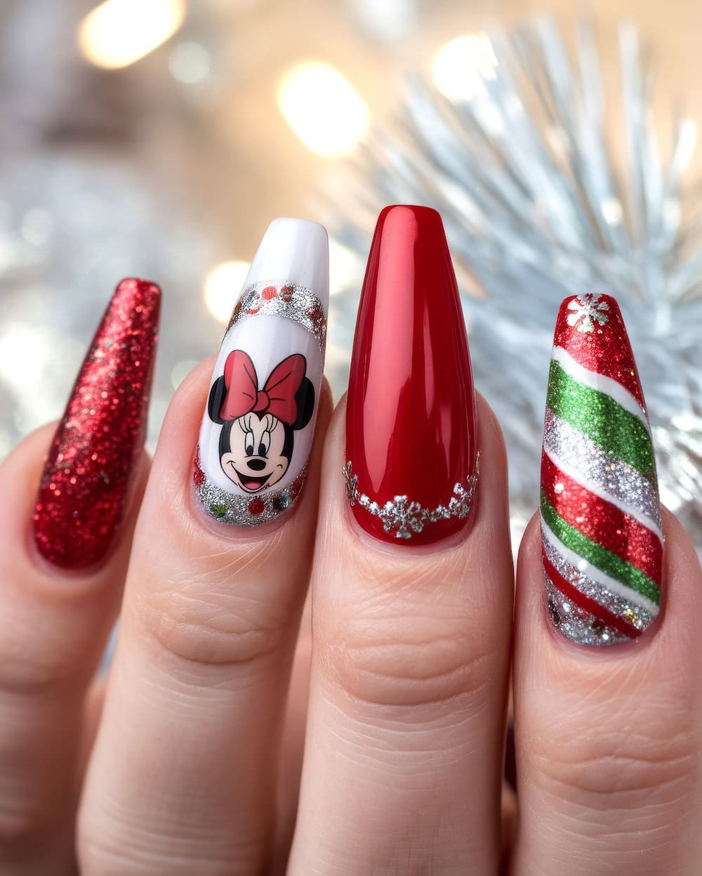 Minnie Christmas Glitter Candy Cane Nails — Disney Nails