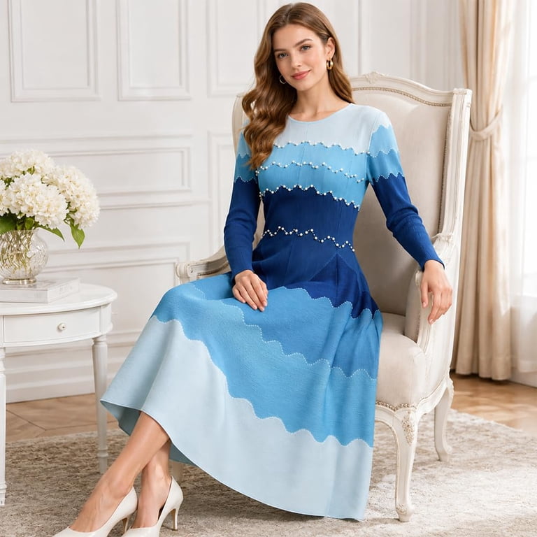 Blue Patterned Midi Dress with Beading for Church Blue Patterned Midi Dress with Beading for Church — Church Outfits