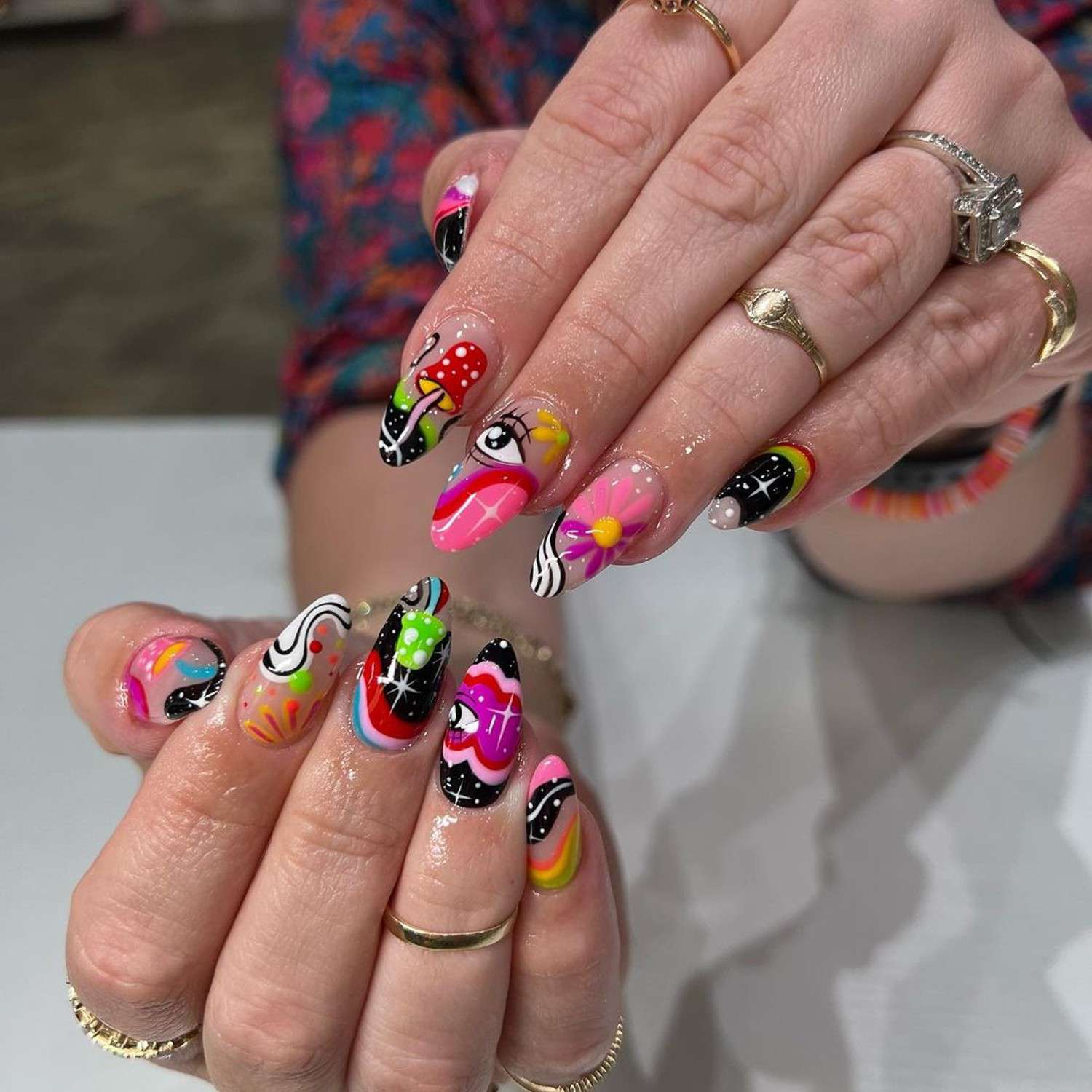 Maximalist Stiletto with Eclectic Motifs — Mismatched Nails