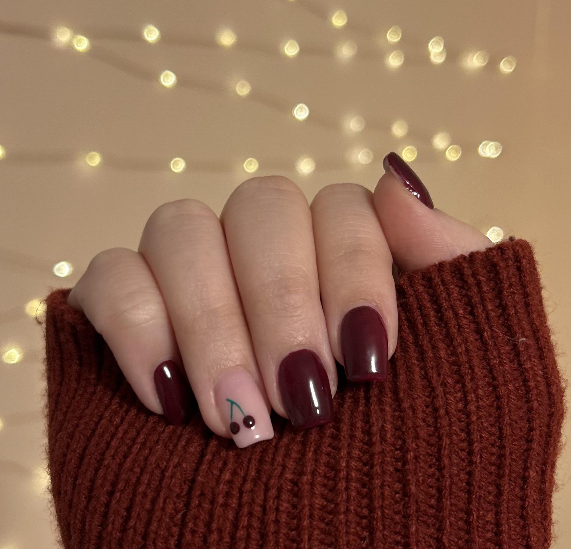 Burgundy Medium Squares With Cherry Accent Burgundy Medium Squares With Cherry Accent — Cherry Nails