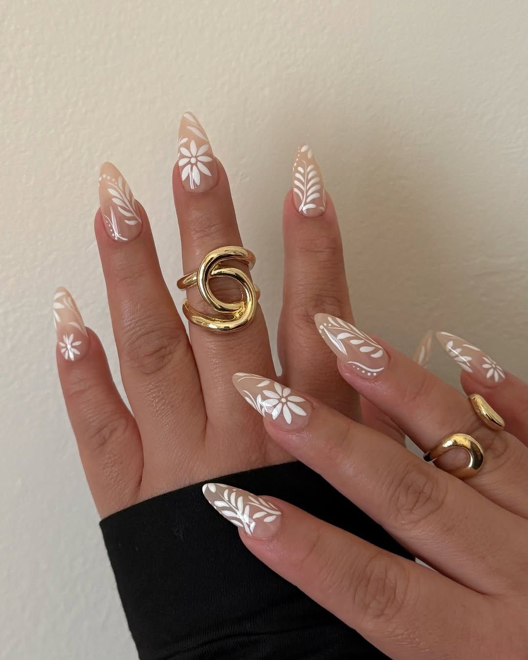Long Almond White Floral Nature Designs — Prom Nails