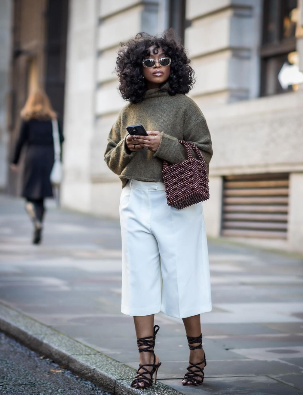 Olive Knit Top and White Culottes for a Fashion-Forward Work Style — Work Outfits