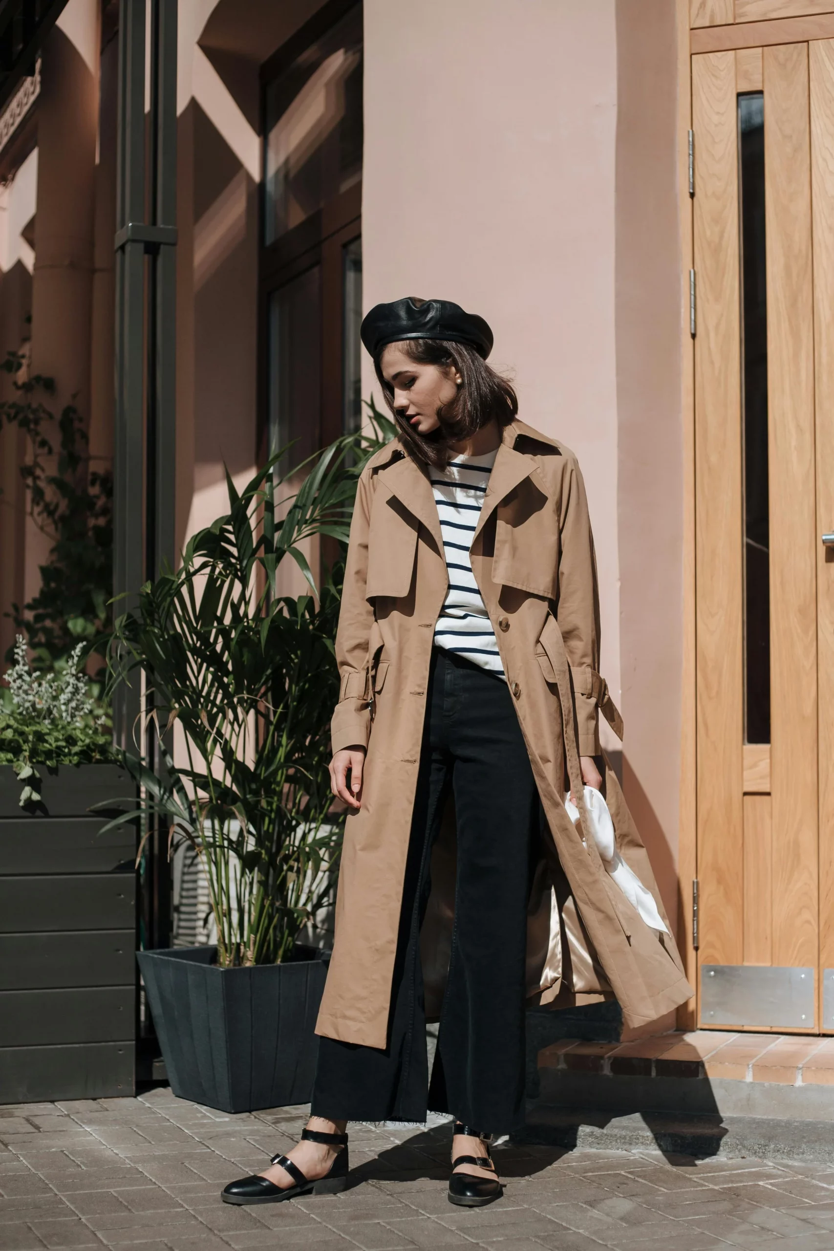 Classic Trench Coat Over Striped Top and Trousers Classic Trench Coat Over Striped Top and Trousers — Petite Outfits