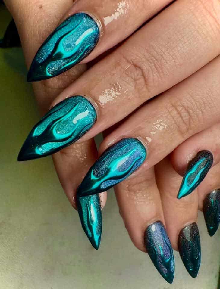Deep Teal Flame Stiletto Nails — Teal Nails