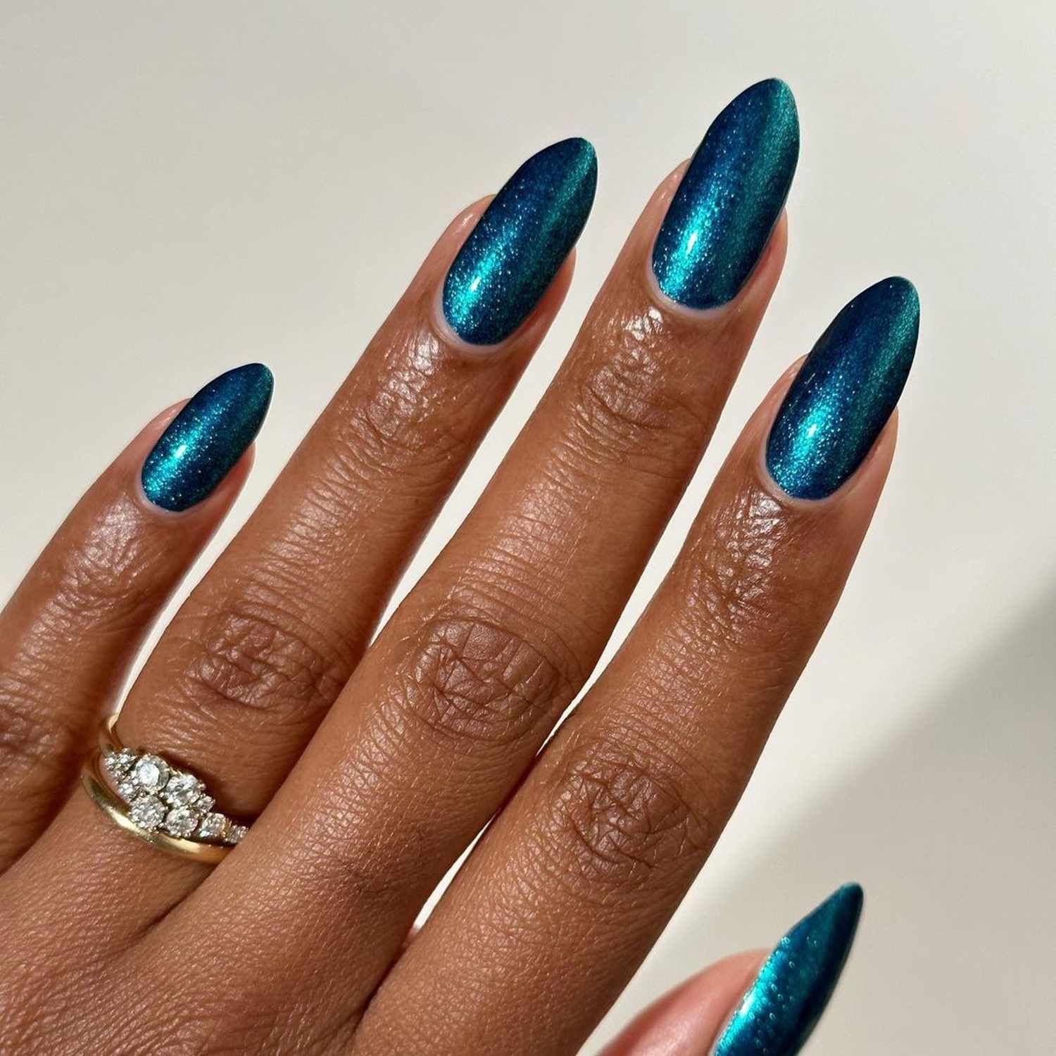 Deep Teal Shimmer Oval Nails Deep Teal Shimmer Oval Nails — Nails for Brown Skin