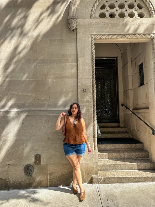 Denim Shorts with Peplum Top and Mary Janes — Midsize Outfits