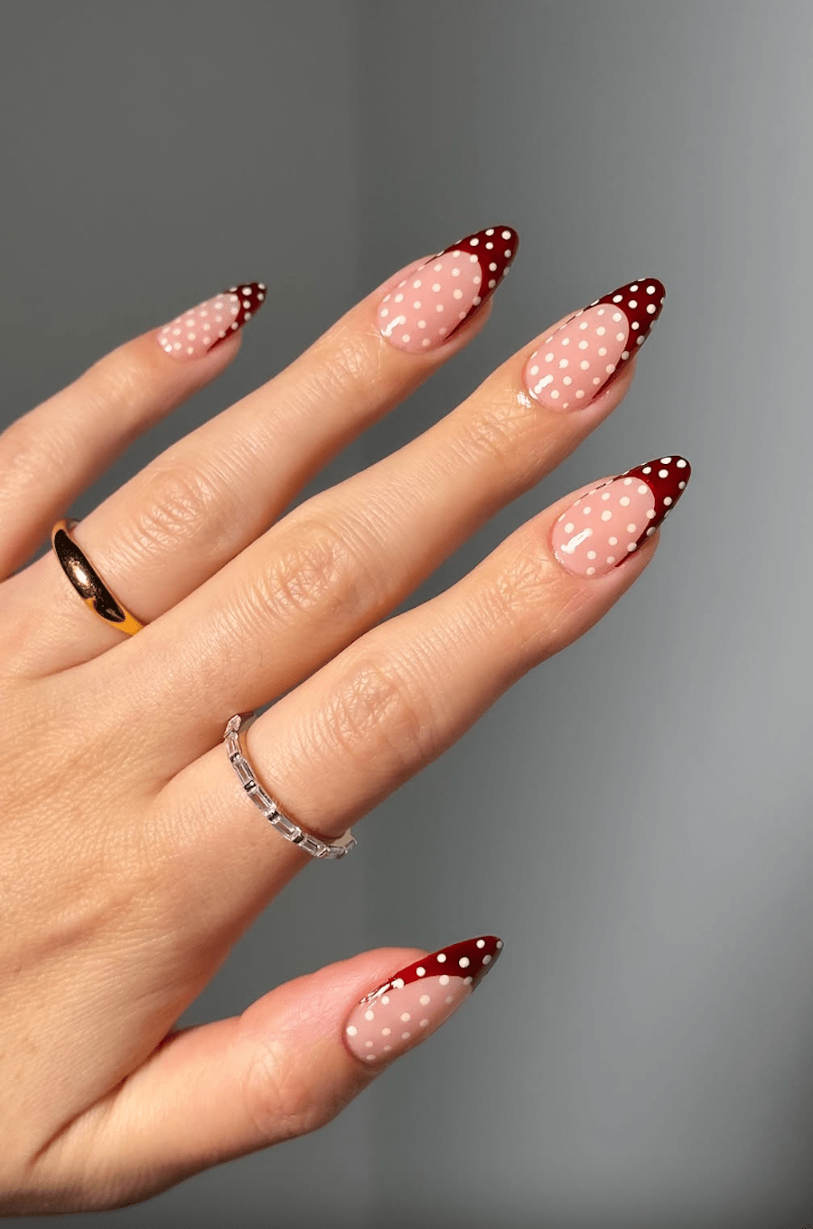Burgundy French Tips with White Polka Dots — Nails for Teens