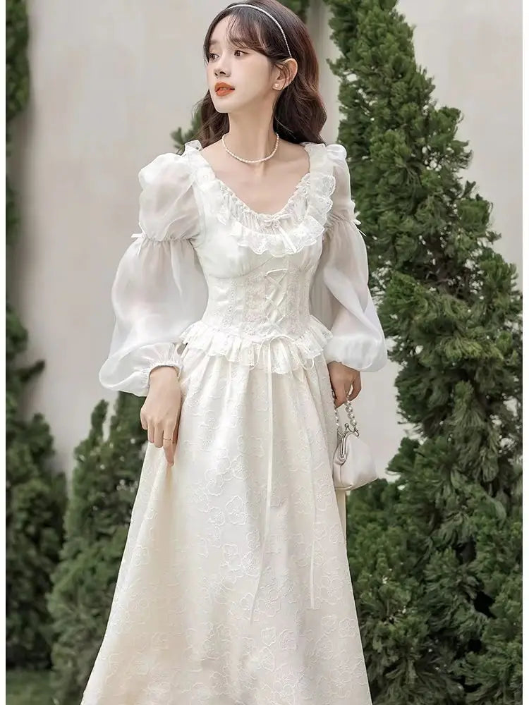 Ivory Jacquard Lace Dress with Voluminous Puff Sleeves — Fairycore Outfits