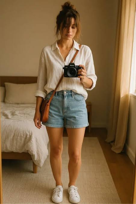 Denim Shorts and Oversized Shirt Adventure Ready — Mom Outfits