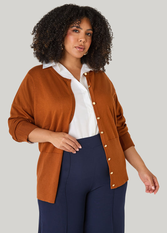 Rust Knit Cardigan with Navy Trousers for Smart Casual — Curvy Outfits