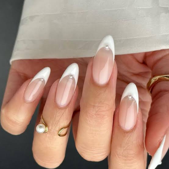 Pearl Cuticle French Tip Stilettos — Prom Nails